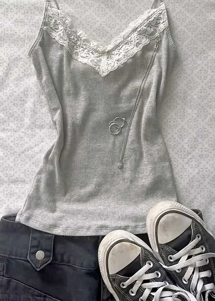 Coquette Grey Lace Trim Cami Top