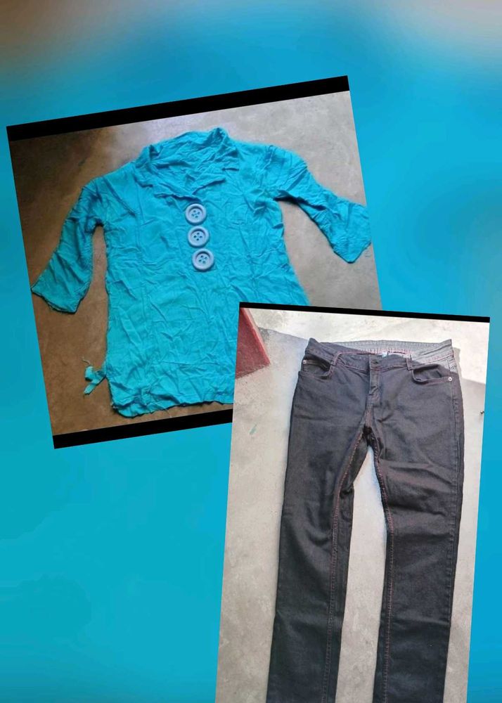 Turquoise Top &amp; Black Jeans with Red Bord