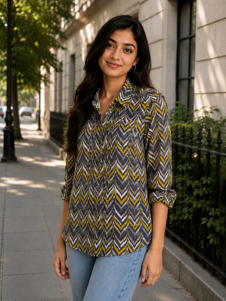 Stylish Chevron Print Button-Up Top