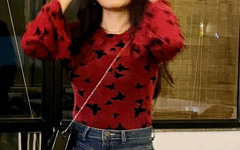 Red Butterfly printed bell Sleeves sheer Top