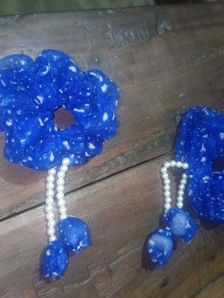 Boho Blue Floral Scrunchies with Pearl Dangles