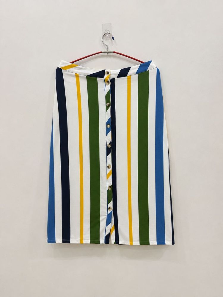 Striped Button-Front Midi Skirt