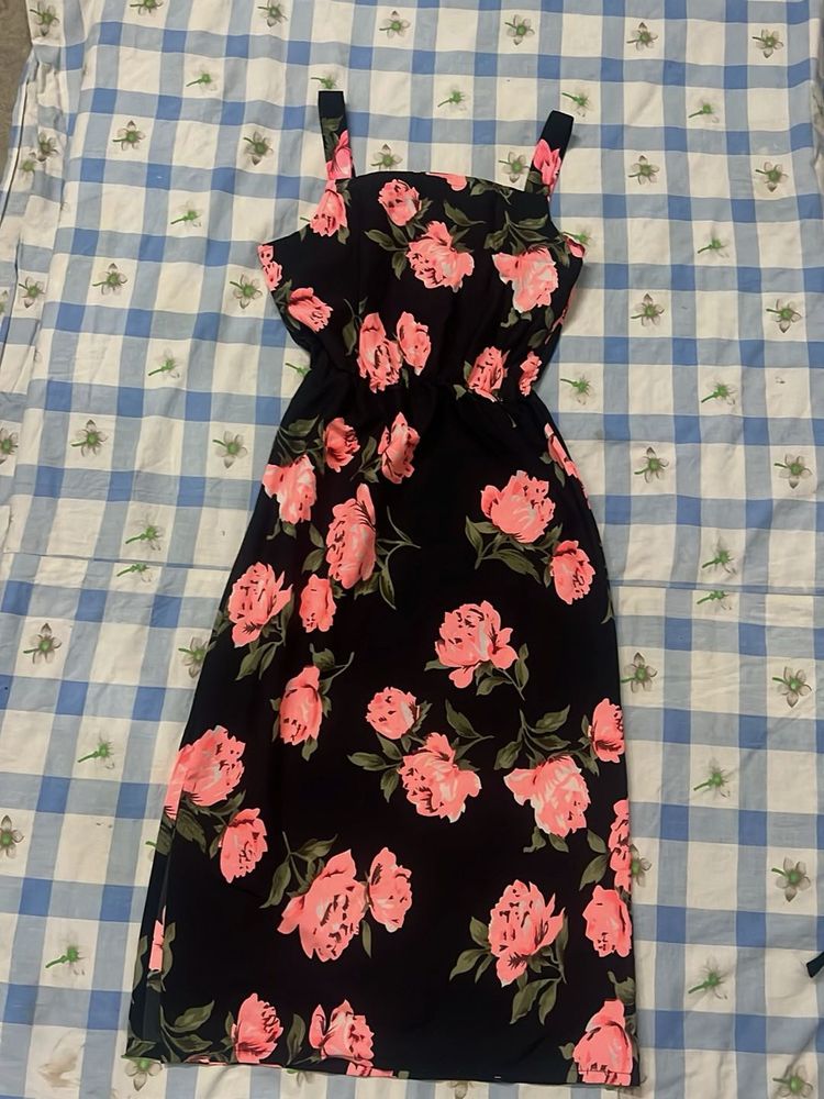 Black Floral Print Midi Dress