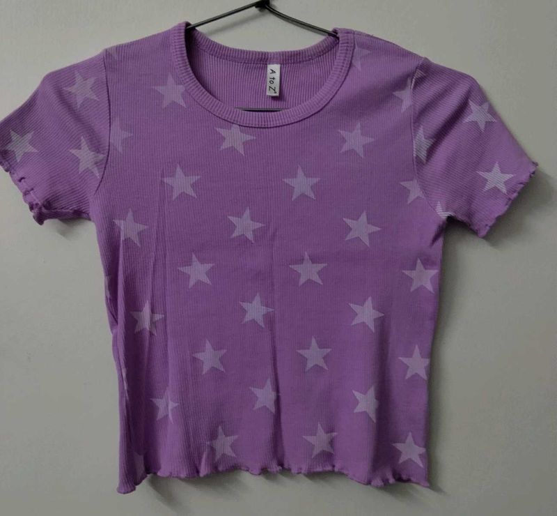 Cute Purple Star Print Cropped T-Shirt