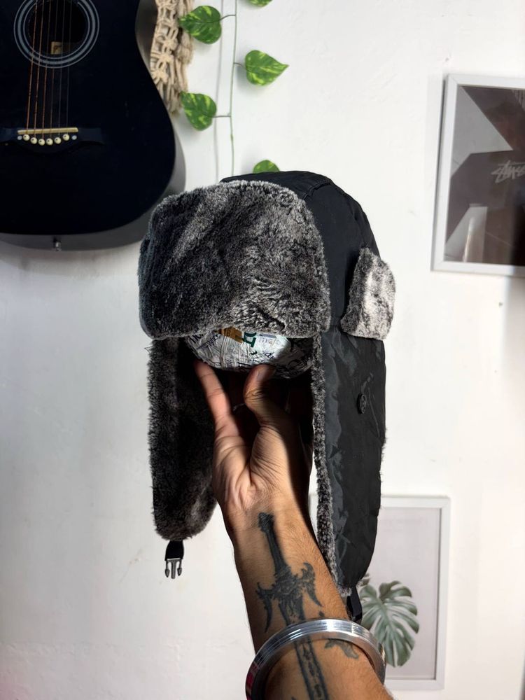 Black Winter Trapper Hat with Faux Fur