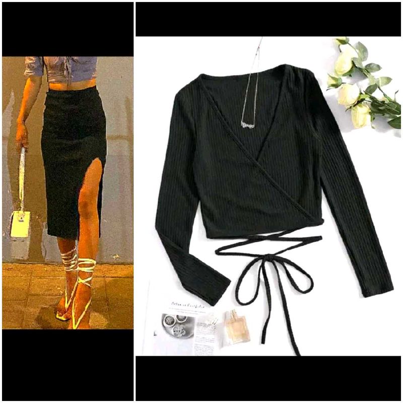 Chic Black Outfit Set , Combo Of Rib Skirt And Top