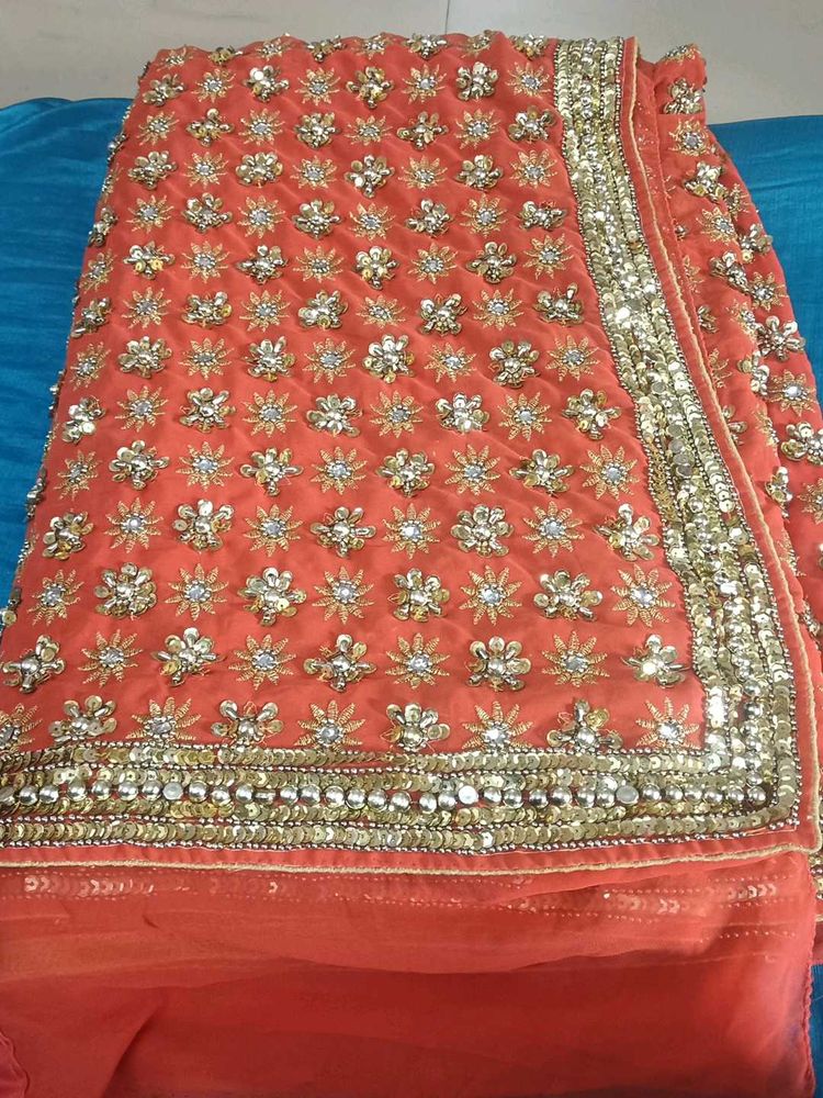 Embroidered Orange Saree