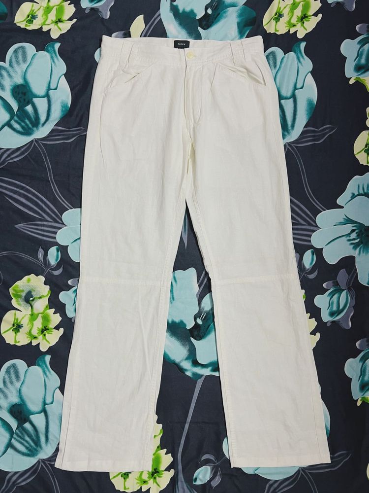 Linen-blend White Wide Leg Trousers