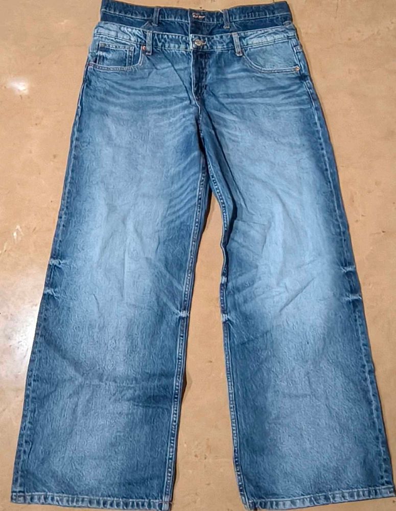 Wide Leg Blue Denim Jeans double waisted