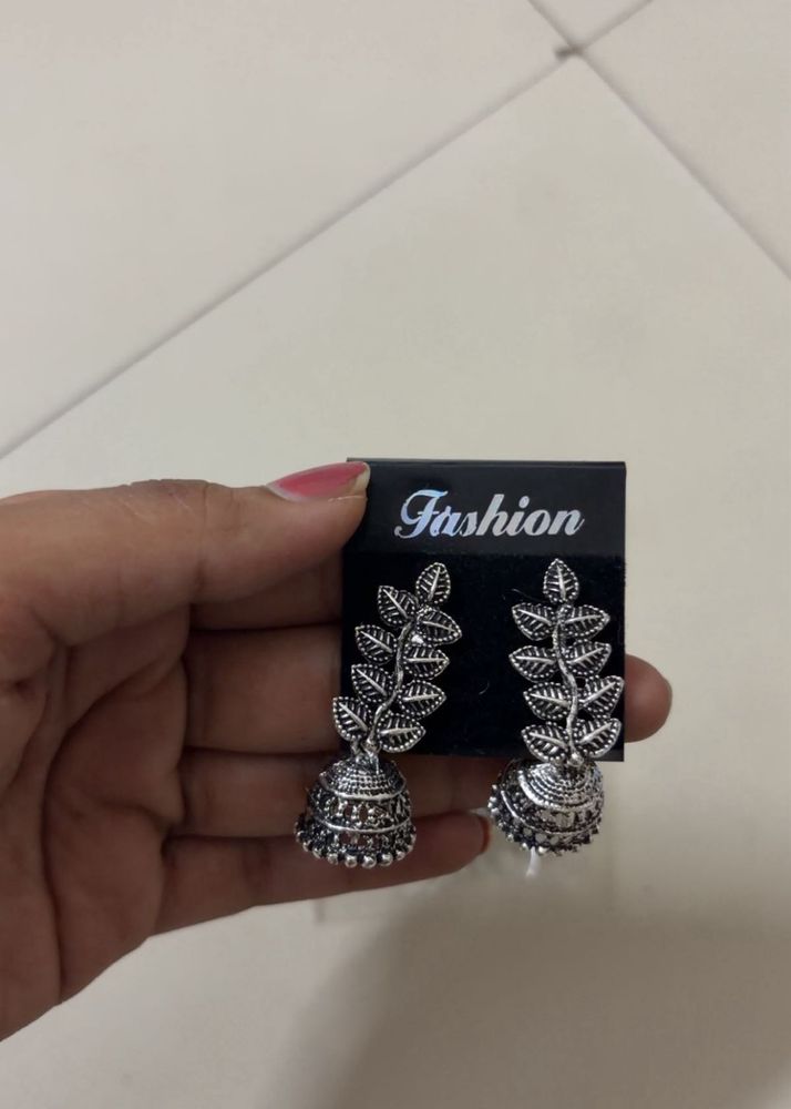 Oxidized Silver Leaf Jhumka Earrings set of 4