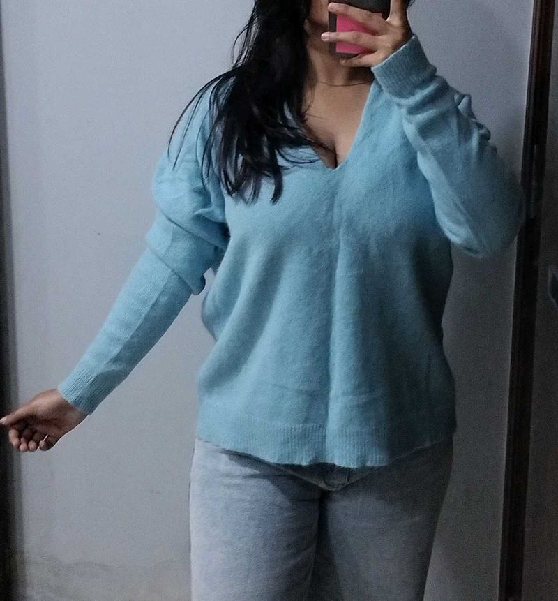 Blue V-Neck Knit Sweater