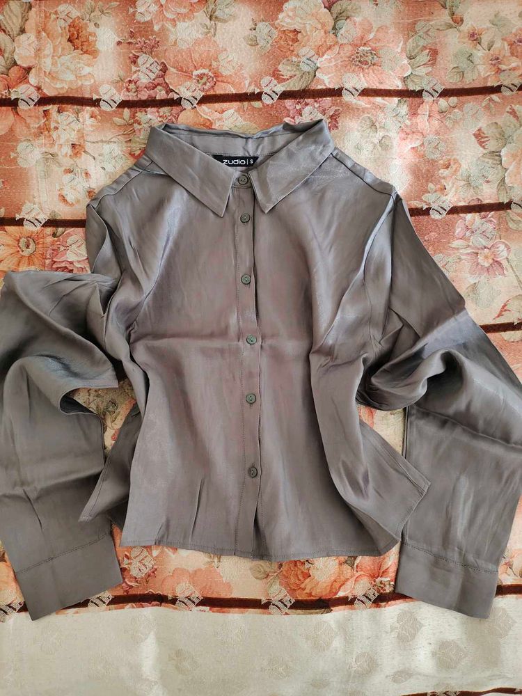Chic Grey Satin Button-Up Shirt