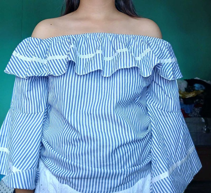 blue striped off shoulder top