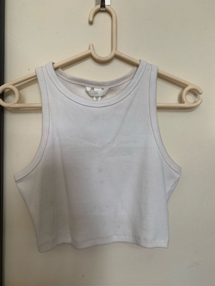 White Ribbed Cropped Tank Top