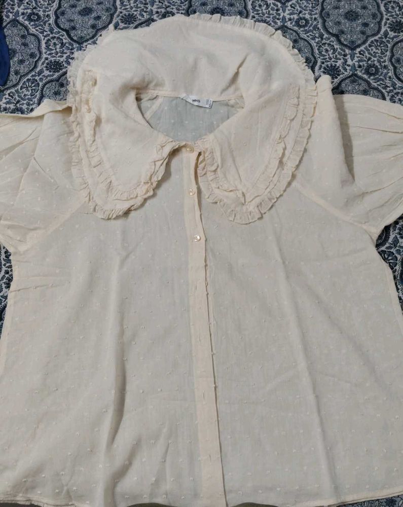 Cream Swiss Dot Ruffle Collar Blouse