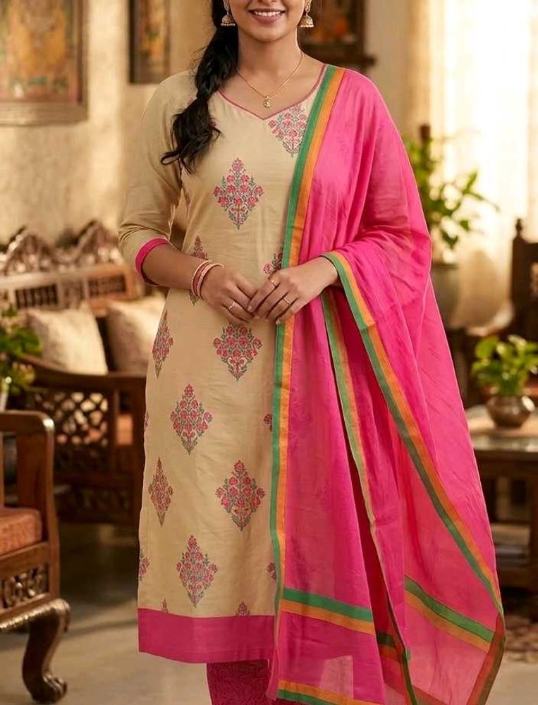 Cream and Fuchsia pink silk cotton salwar full set