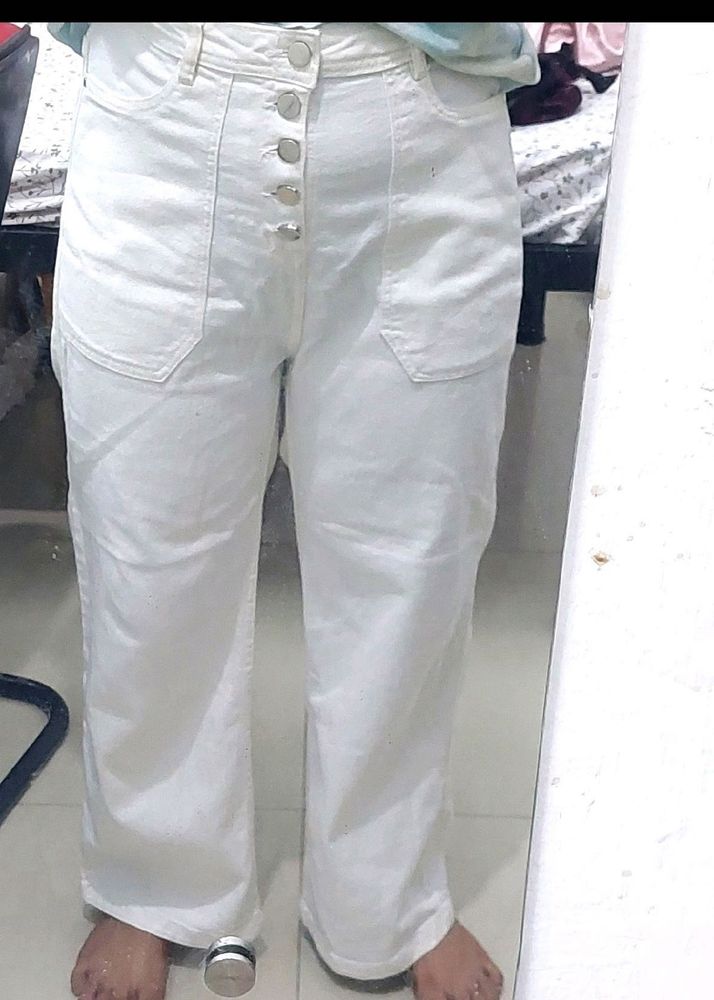 White Button-Fly Wide Leg Jeans