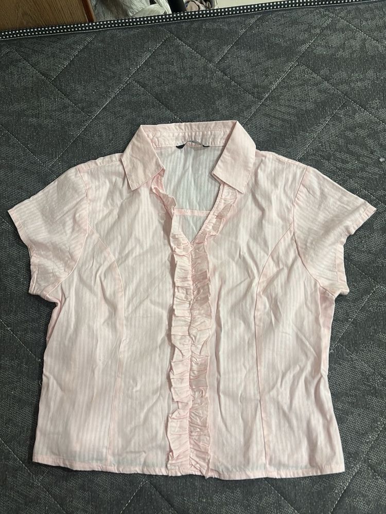 Cute Pink Ruffle Button-Up Top