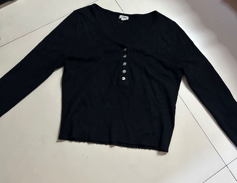 Black Ribbed Henley Long Sleeve Top