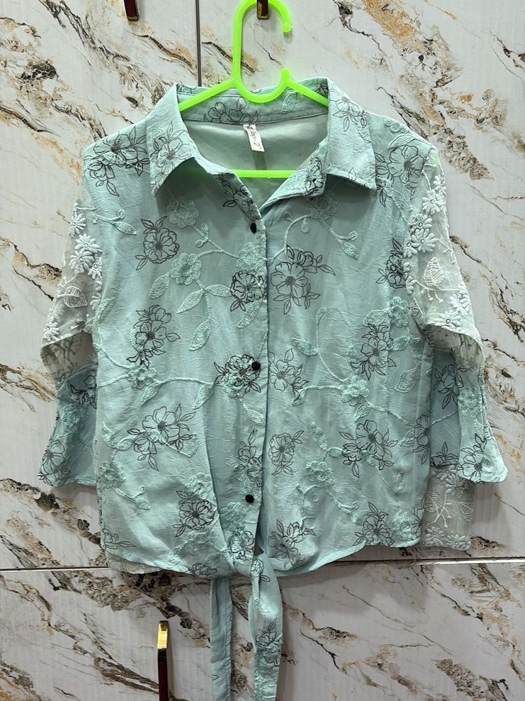 Chic Floral Embroidered Tie-Front Blouse