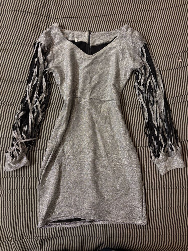 Sparkling Silver Fringe Sleeve Dress