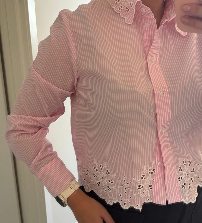 Zara Pink Striped Lace Collar Crop Top
