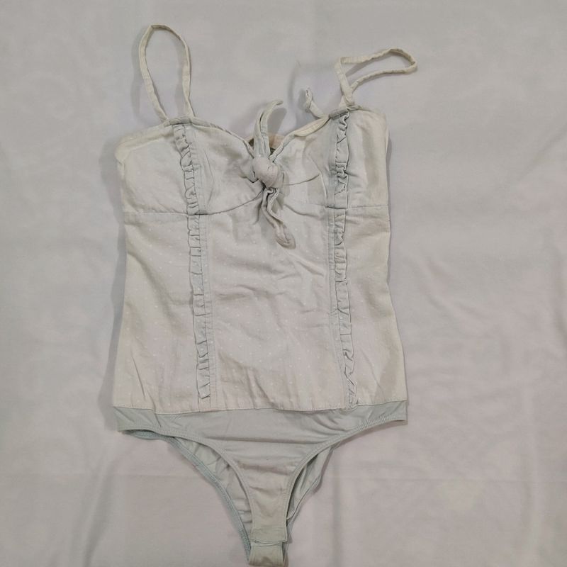 Faded Blue/White Denim Fabric Bodysuit