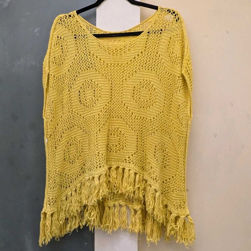 Yellow Knitted Fringed Tunic Top