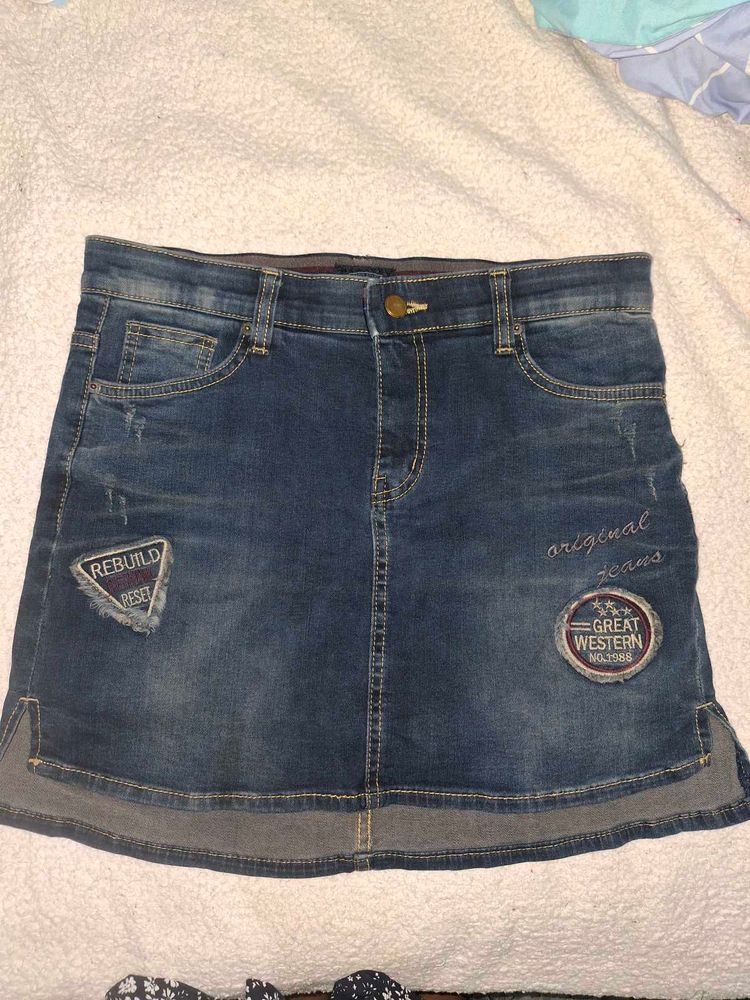 Blue Denim Mini Skirt with Patches