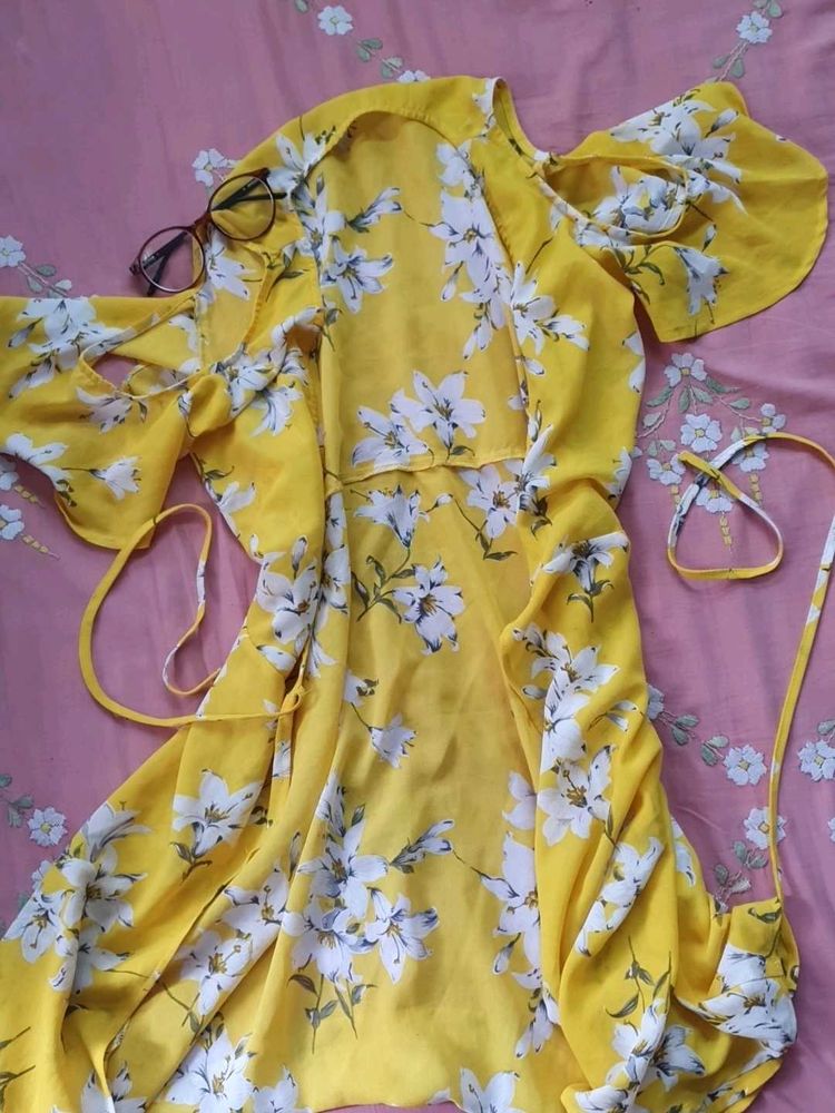 Yellow Floral Cold Shoulder Dress