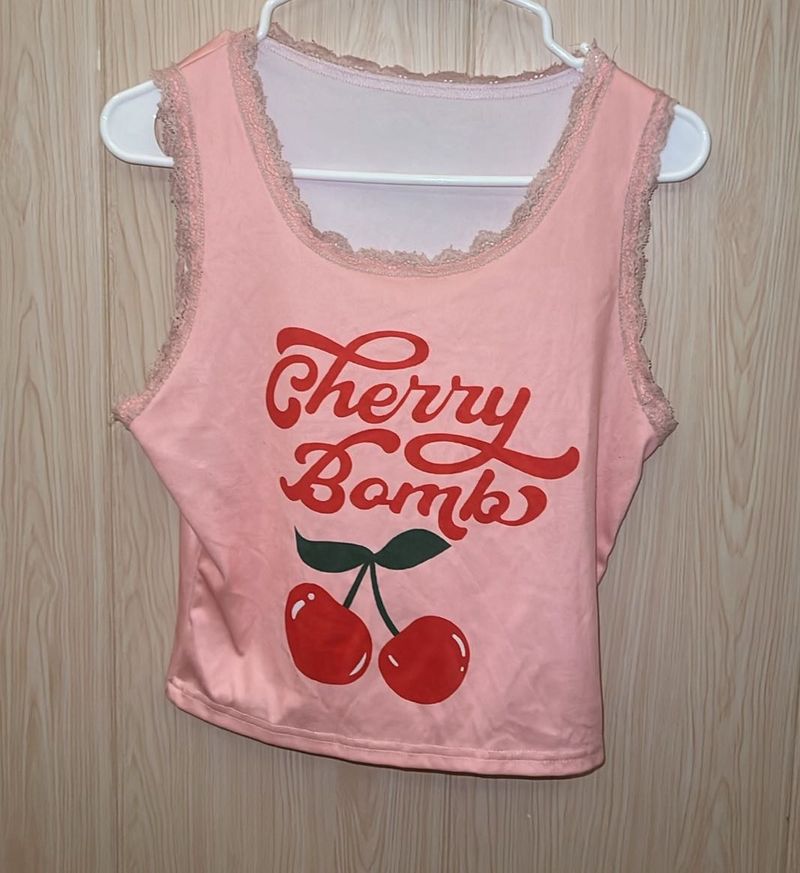 Pink "Cherry Bomb" Tank Top with Lace Trim