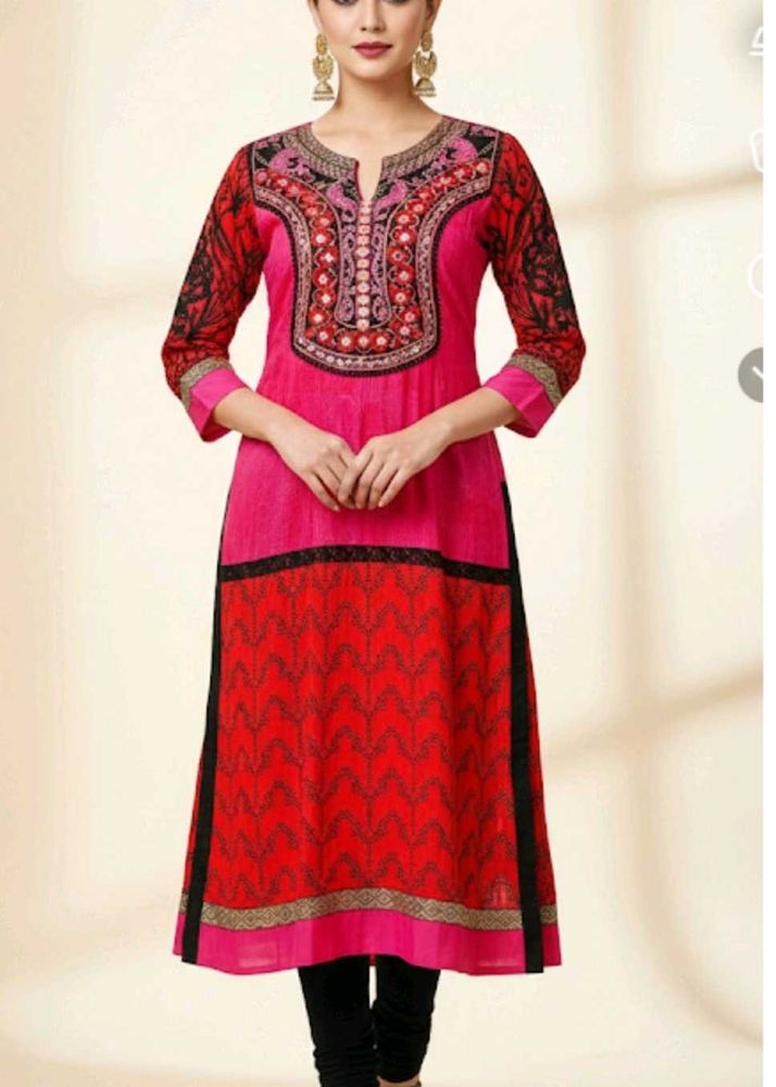 Embroidered Pink &amp; Red Kurti