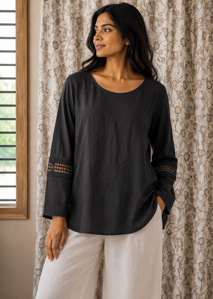 A.N.A Black Cotton Top with Embroidered Sleeves