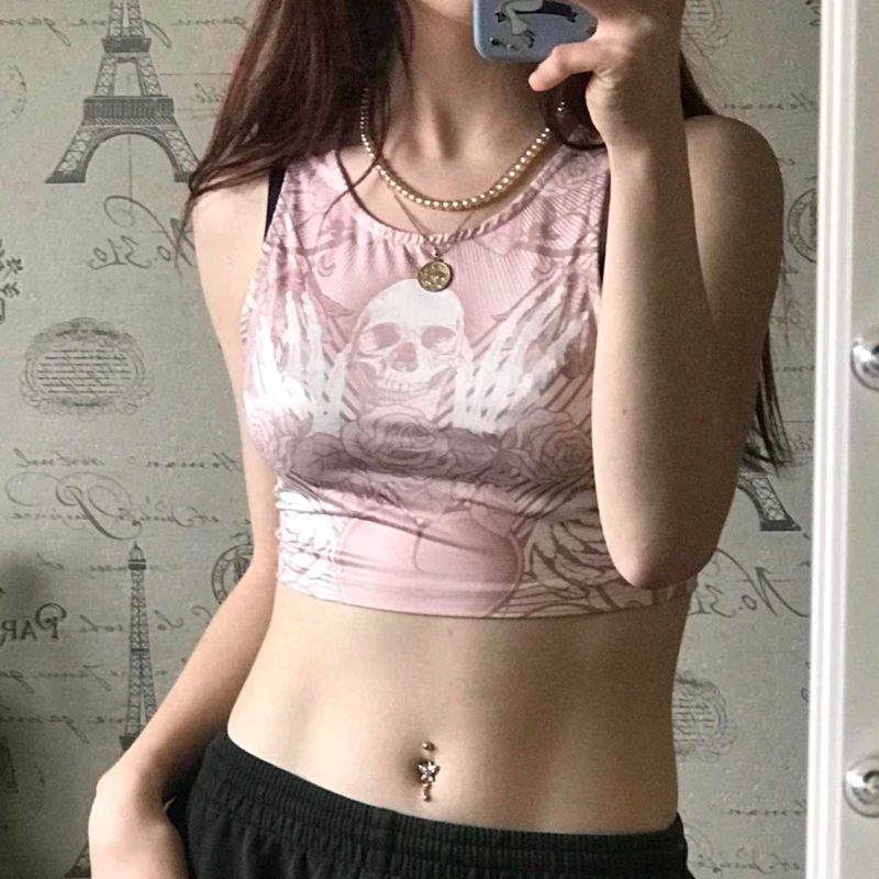24286. Cute Pink Skull Graphic Crop Top