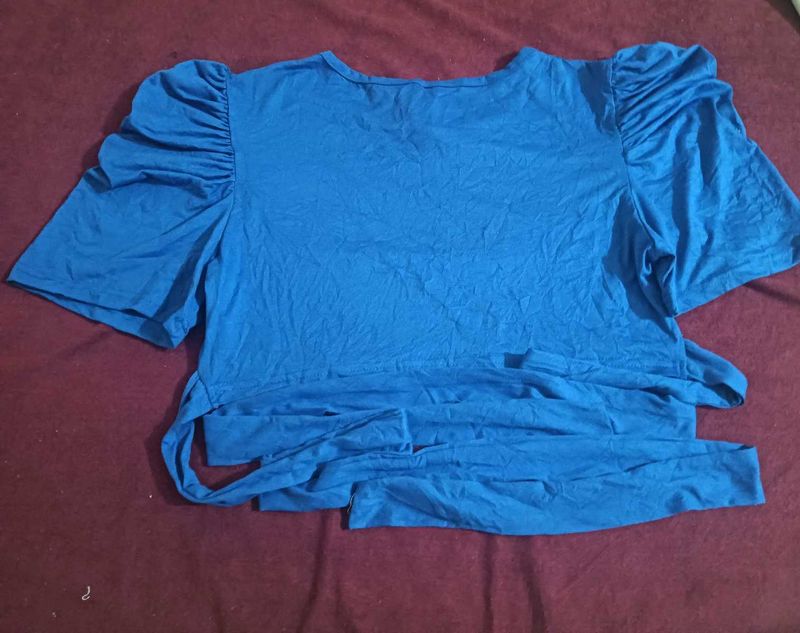 Blue Puff Sleeve Wrap Top