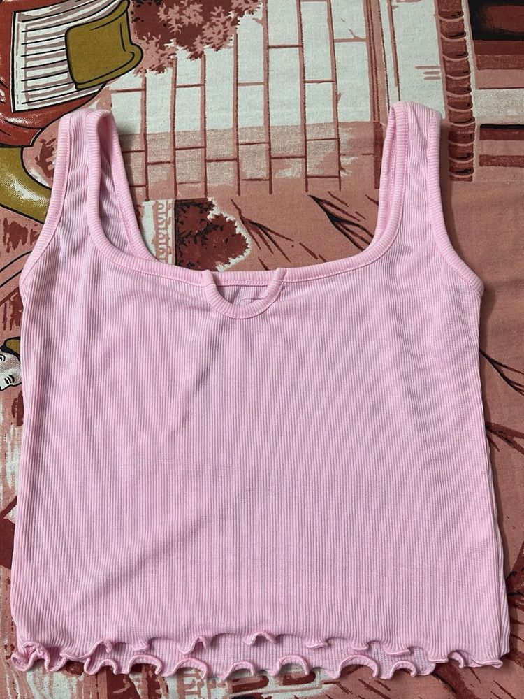 Cute Pink Ribbed Lettuce Hem Tank Top