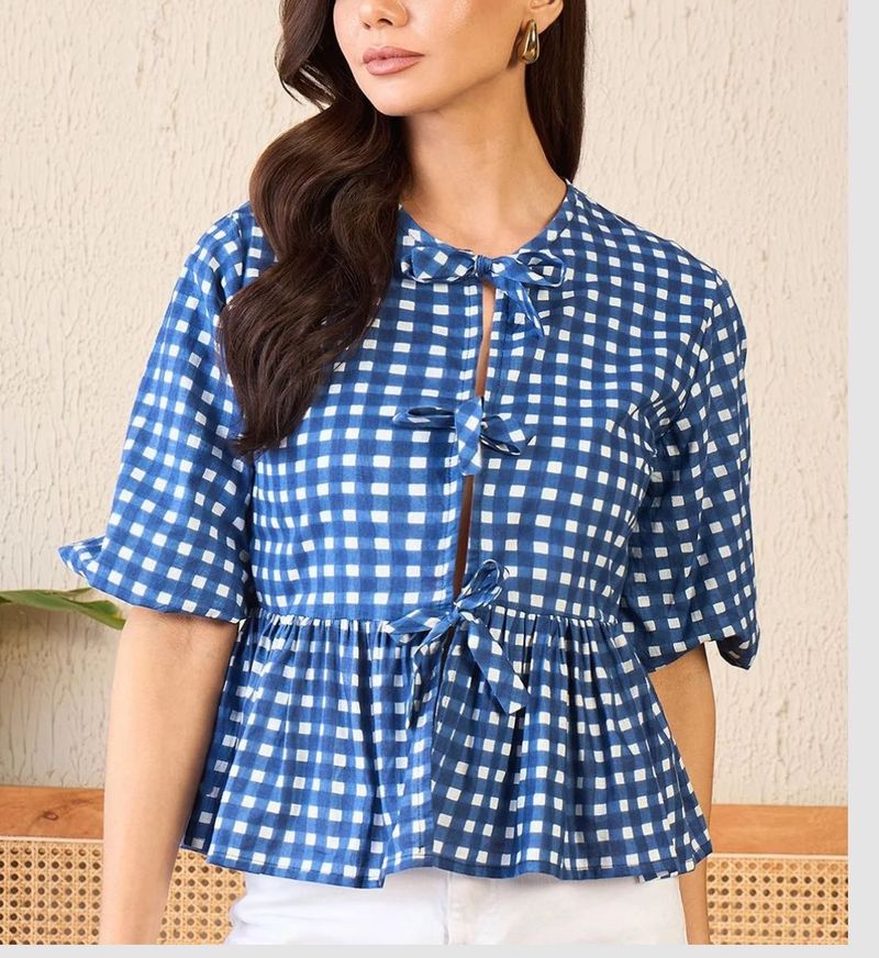 Blue Gingham Peplum Top