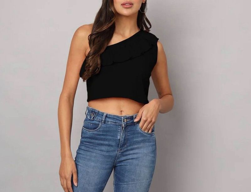 Chic Black One-Shoulder Ruffle Top