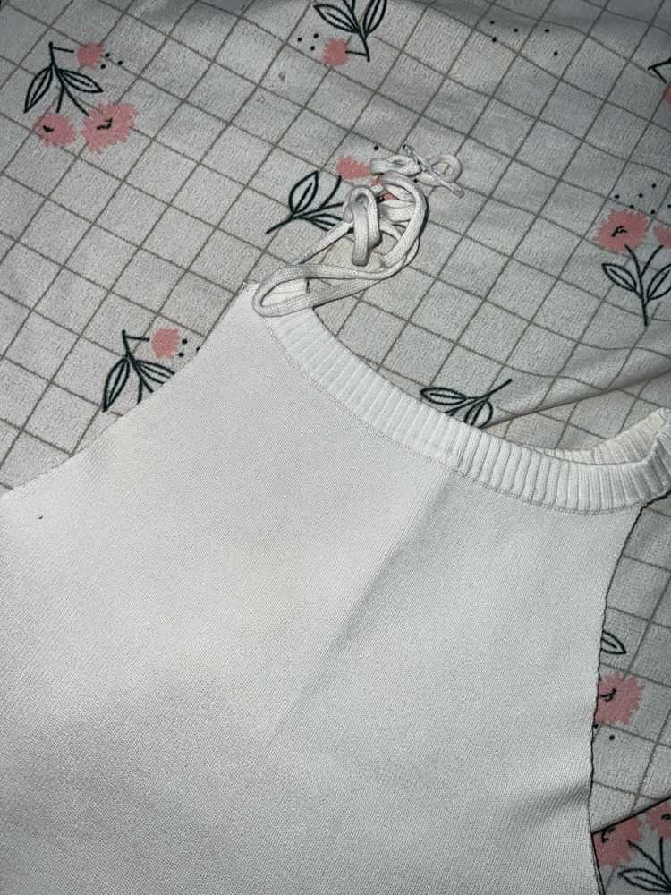 White Knit Tank Top with Tie Straps