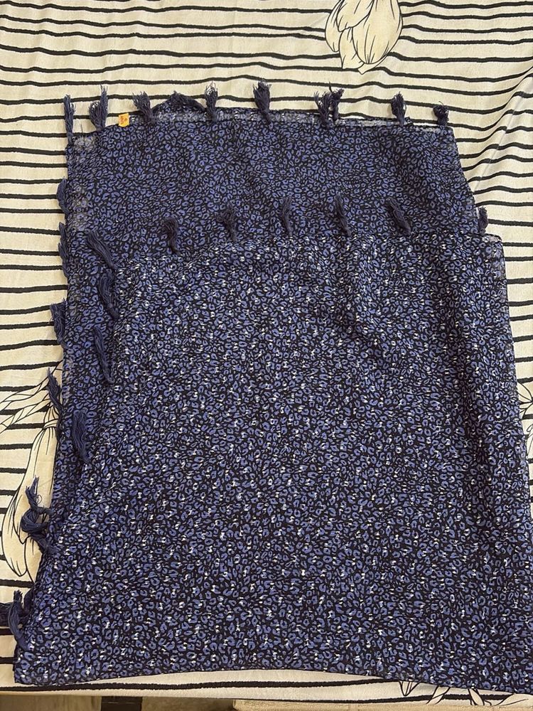 Blue Floral Print Dupatta with Tassels