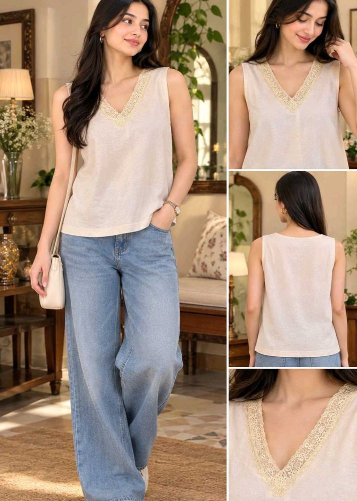 🇳🇿💫🎀Cream V-Neck Lace Trim Sleeveless Top