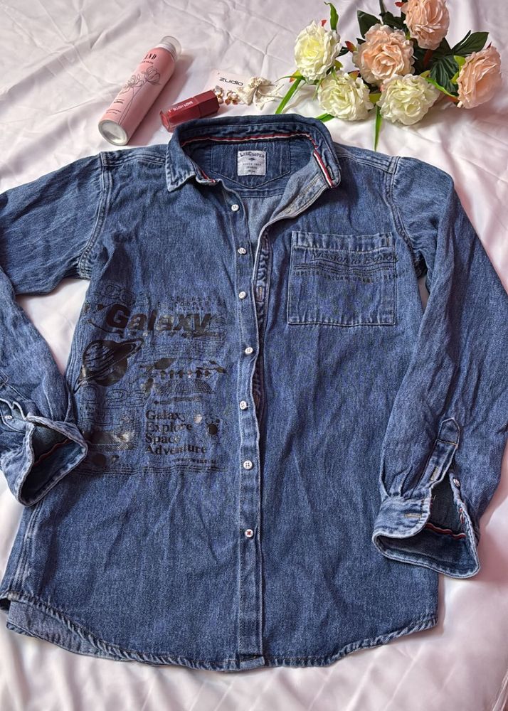 Blue Denim Galaxy Print Button-Up Shirt