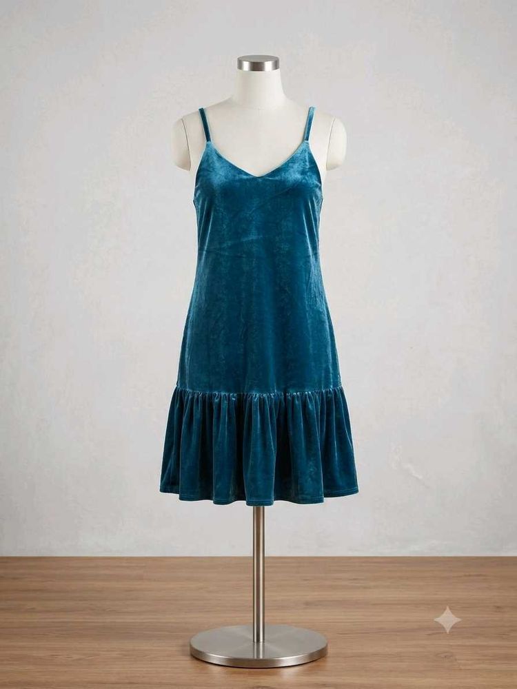 Teal Velvet Cami Dress with Ruffle Hem