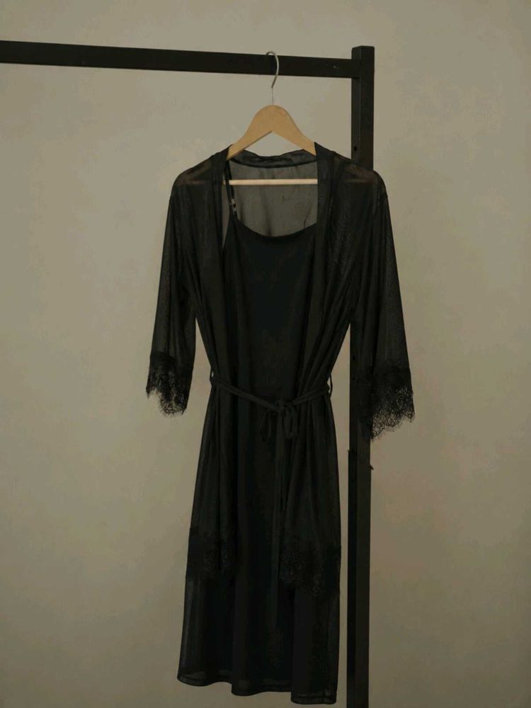 sheer Lace rope &amp; Slip Nightgown set