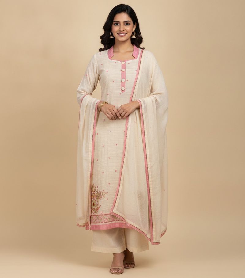 Elegant Cream Kurti with Pink Embroidery