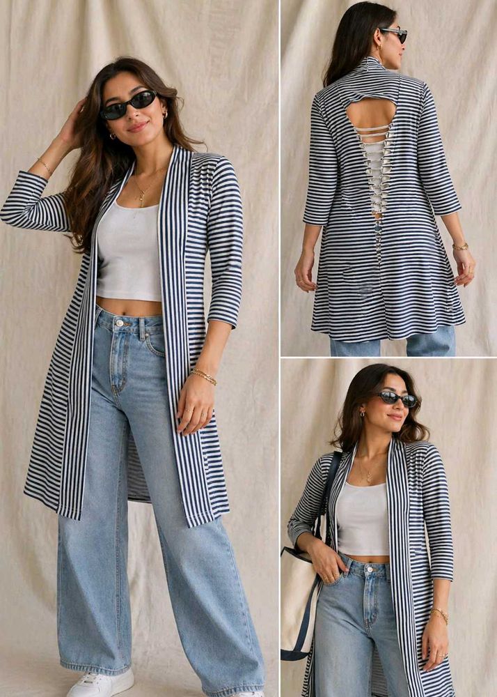 Striped Open Front Longline Cardigan