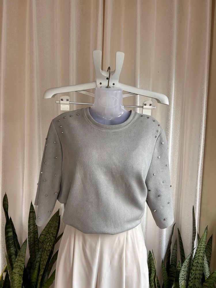 Zara chic Grey Studded Crewneck Top