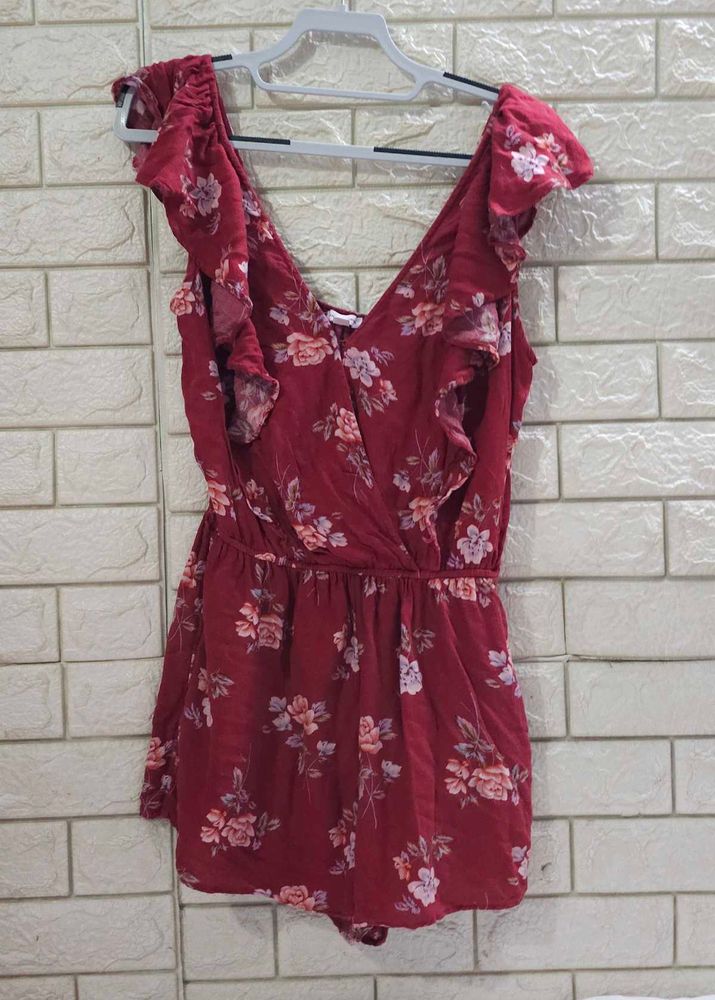 American Eagle Maroon Floral Ruffle Playsuit