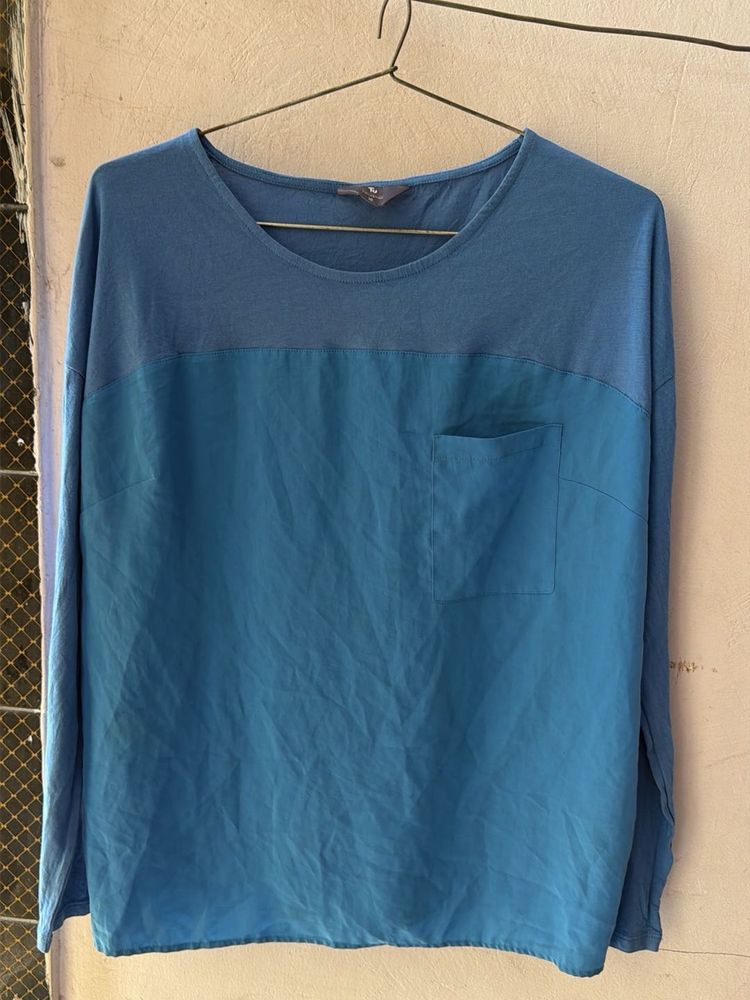 Blue Two-Tone Long Sleeve Top