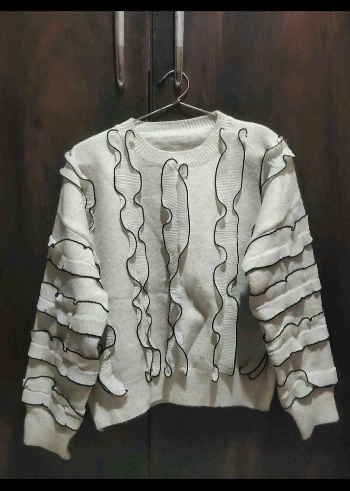 Ruffled White Knit Sweater